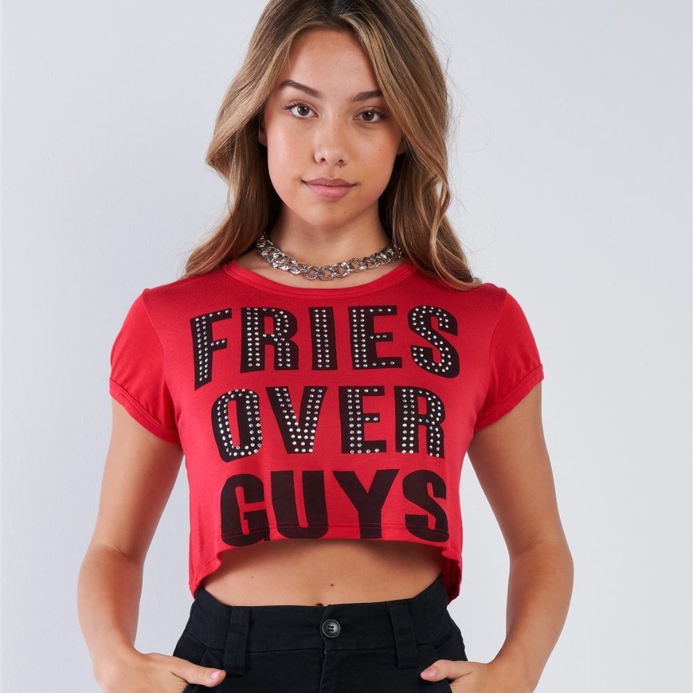 Red "FRIES OVER GUYS" Graphic Studs Detail CropTop - Picture 1 of 5
